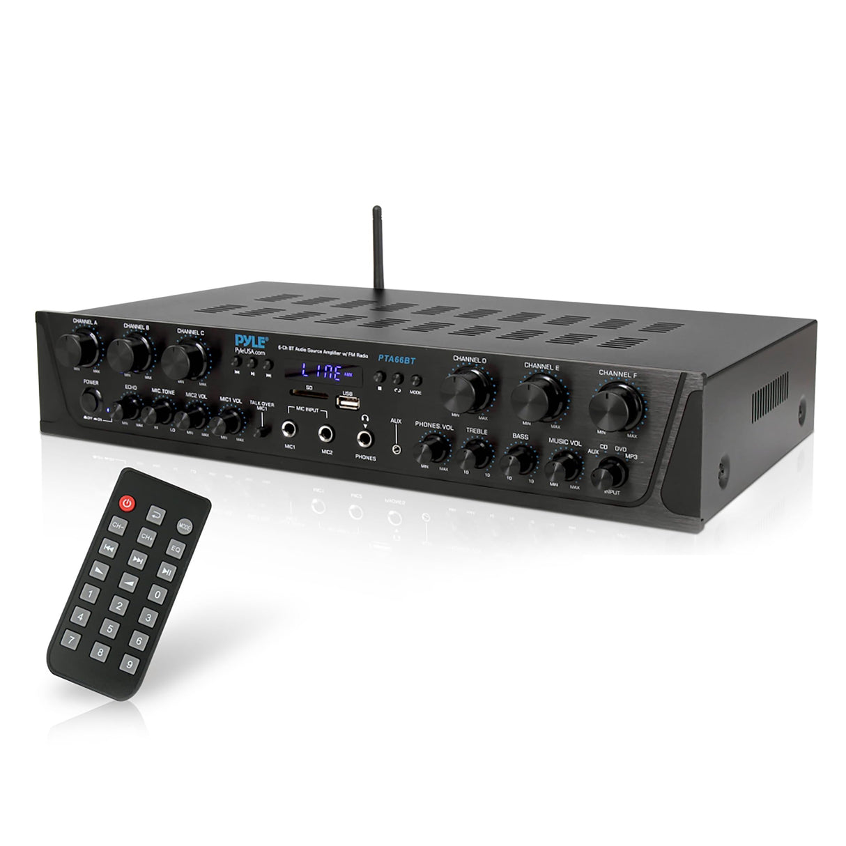 Pyle amplificador de sonido, Para el hogar, 600W, Bluetooth, Inalambrico, Estereo, 6 canales, Digital LCD, Conector para auriculares, Entrada de microfono de ¼", USB, SD, AUX, RCA, Radio FM