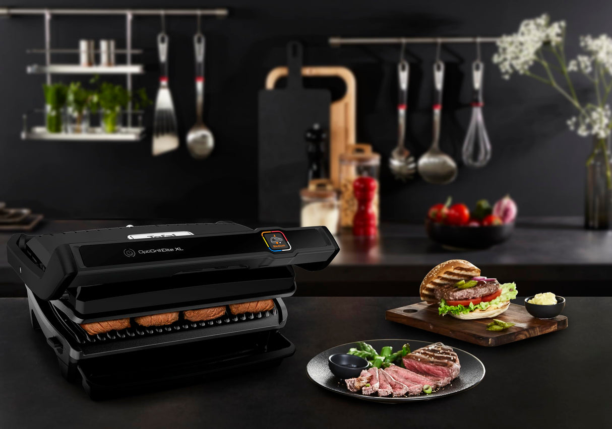 Tefal OptiGrill Elite XL GC760812 - Barbacoa de contacto con 16 programas, pantalla digital con indicador de cocción, placas XL desmontables, parrilla eléctrica, color negro