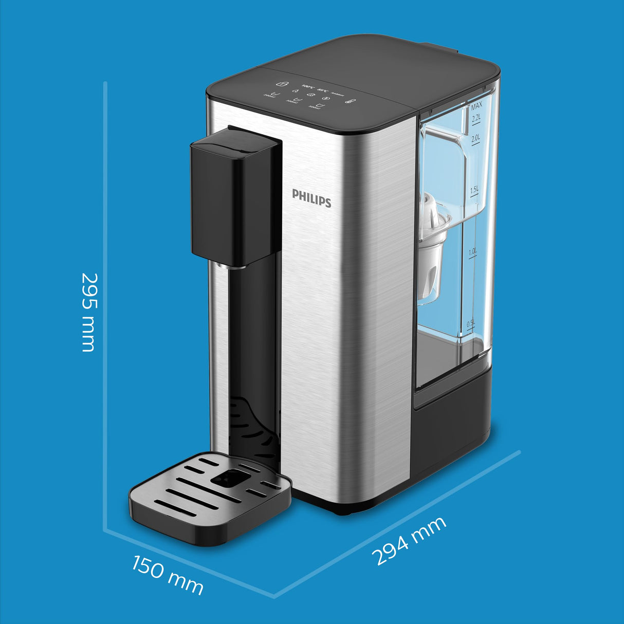 Dispensador de Agua Philips con filtro ANTICAL+. Agua caliente instantánea o ambiente. Tanque 2,2 L, 3 ajustes de temperatura/volumen. Agua hirviendo con un botón. Pantalla táctil