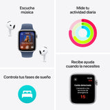 Apple Watch SE de 2.ª generación GPS Smartwatch con Caja de Aluminio en Plata de 44 mm y Correa Deportiva Azul Denim - Talla S/M. Monitores de entreno y sueño y Resistencia al Agua