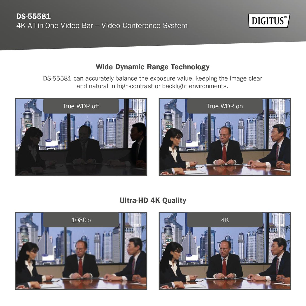 DIGITUS DS-55581 Video Bar Mini, Sistema de videoconferencia - Cámara Webcam 4K UHD 30 Hz ePTZ - 2 Micrófonos internos - Altavoz Interno 2 W - Autoenfoque y Zoom, Cancelación de Eco