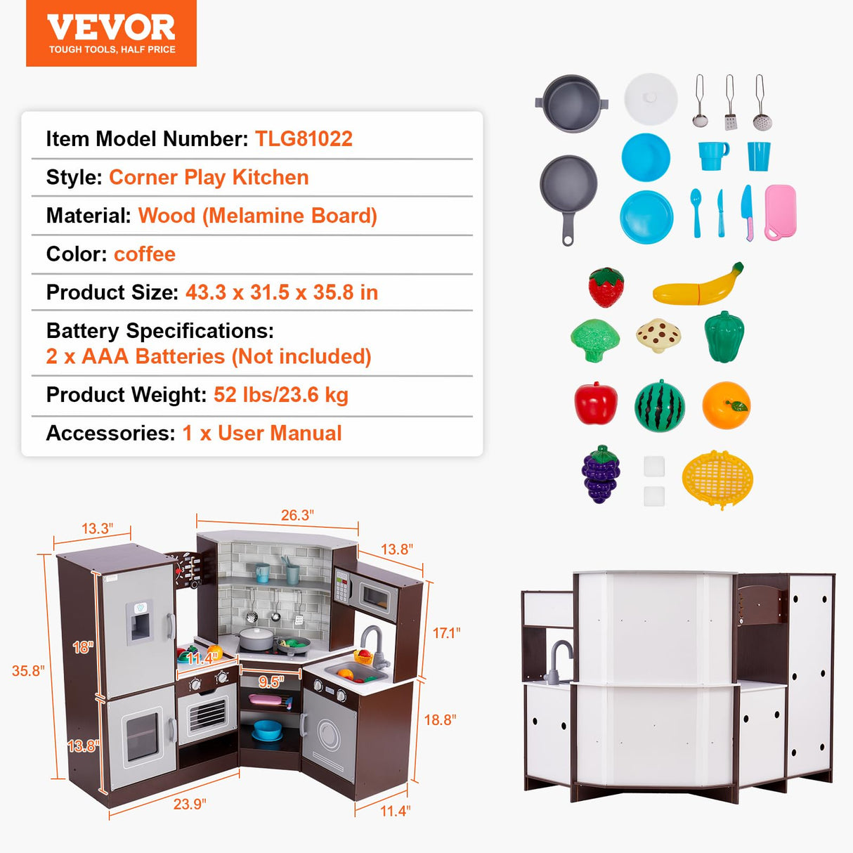 VEVOR Juego de Cocina de Madera de Esquina con Luces y Sonidos, Cocina con Máquina de Hielo, Horno, Fregadero, Reloj, Microondas, Refrigerador y Accesorios para Niños Pequeños y Preescolares, Marrón