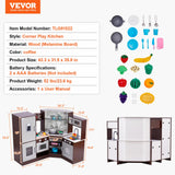 VEVOR Juego de Cocina de Madera de Esquina con Luces y Sonidos, Cocina con Máquina de Hielo, Horno, Fregadero, Reloj, Microondas, Refrigerador y Accesorios para Niños Pequeños y Preescolares, Marrón