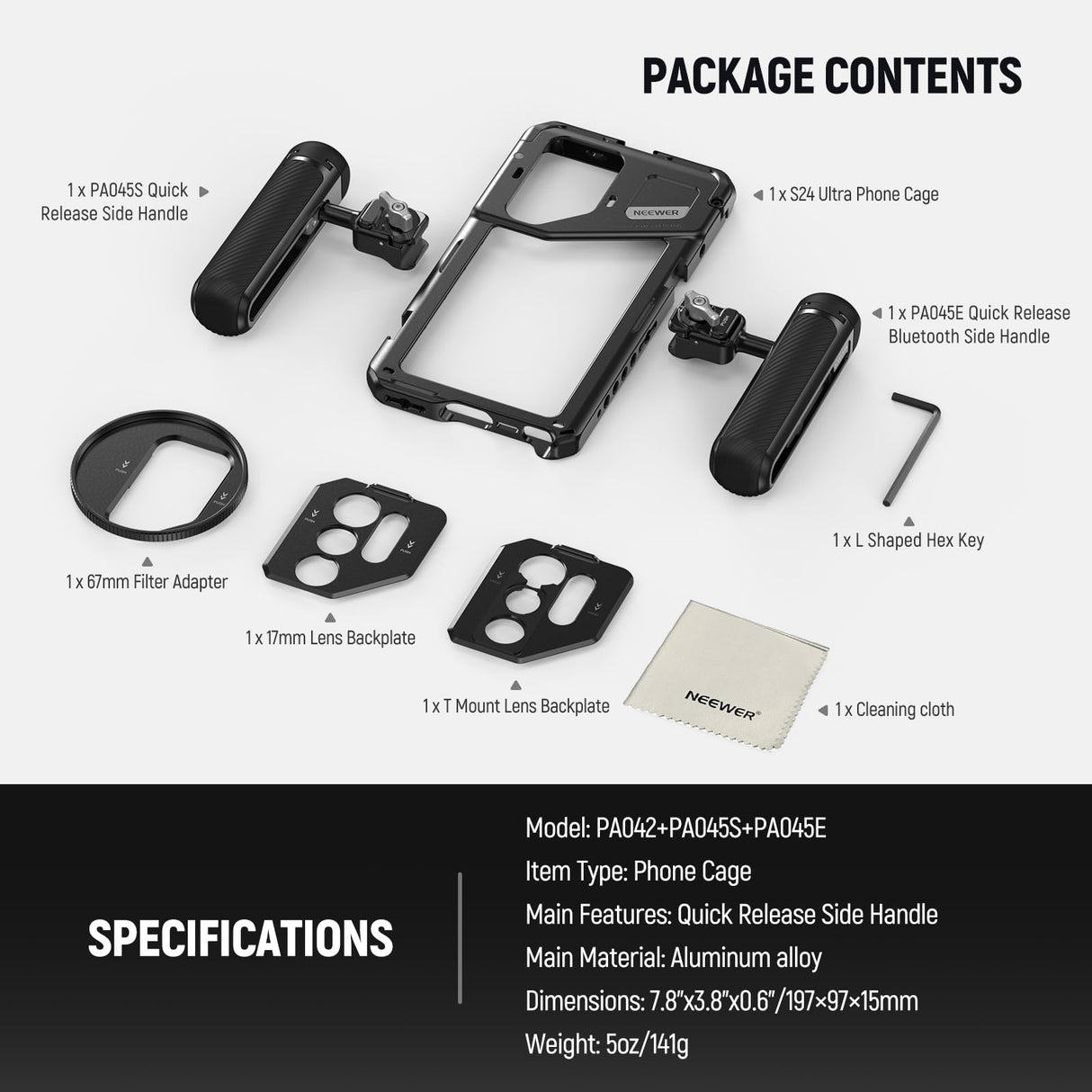 NEEWER PA042 S24 Ultra Handy Cage Jaula Video Rig Estabilizador con PA045S Mango Lateral, PA045E Bluetooth Disparador Mango de 67 mm Filtro Adaptador de 17 mm Placa de Lente Trasera, T Mount Adaptador