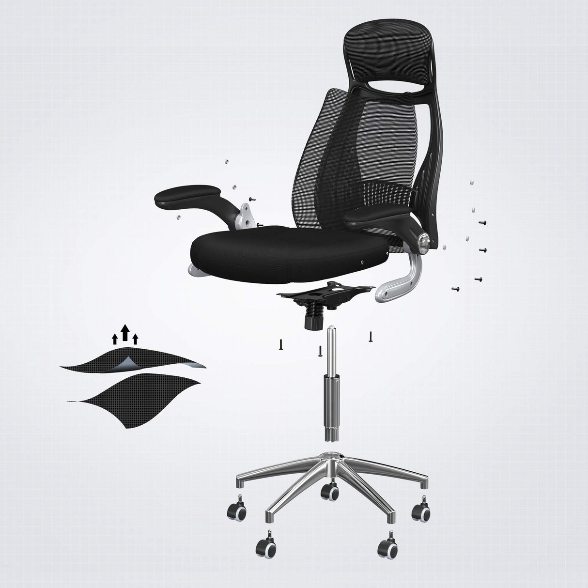 SONGMICS OBN86BK Silla giratoria de Oficina Silla de Escritorio de Malla con reposacabezas Mecanismo sincronizad y Altura Ajustable Negro