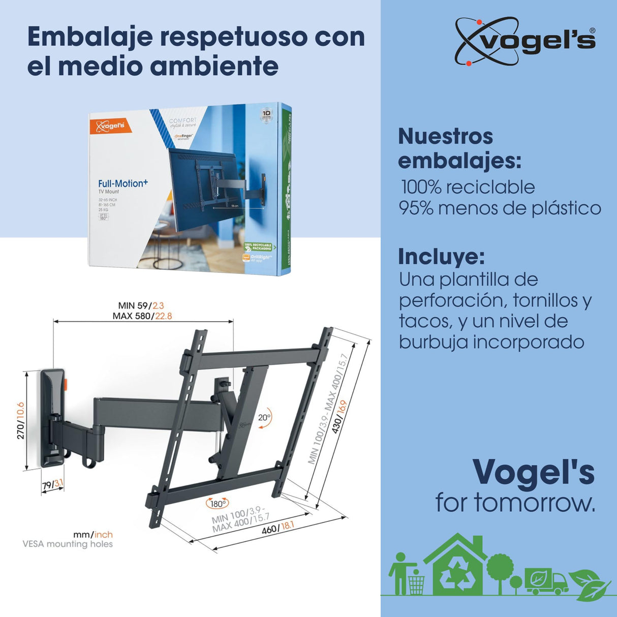 Vogel's TVM 3445 Soporte TV Giratorio para televisores de Entre 32 a 65 Pulgadas, Máx 25 kg, Gira hasta 180º, Inclinable hasta 20º, Soporte para TV máx. VESA 400x400, Compatibilidad Universal