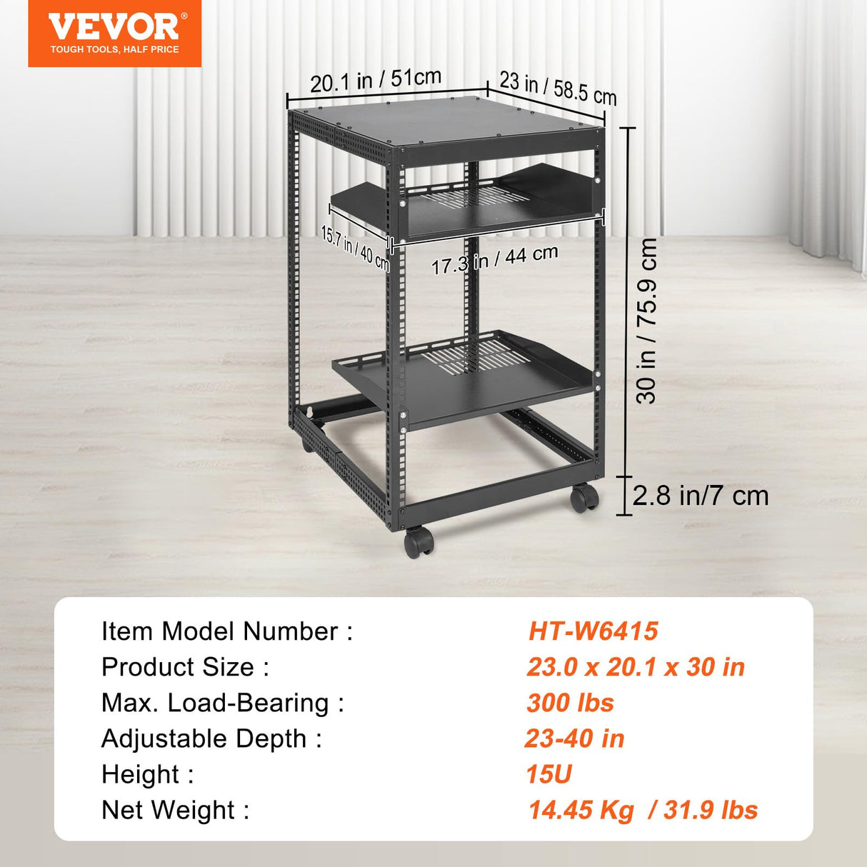 VEVOR Rack de Servidor de Marco Abierto de 15U, Profundidad Ajustable de 23"-40", Rack de Servidor de Red, 4 Postes con Ruedas, sostiene Todos Sus Equipos de TI de Red Módem enrutador de Engranaje