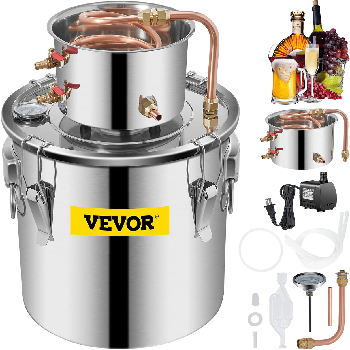 VEVOR Destilador de Alcohol de Agua 19 L Kit de Destilación con Bomba de Circulación, Tubo de Cobre para Alambique de Alcohol con Termómetro Incorporado para Whisky, Alcohol DIY, Acero Inoxidable