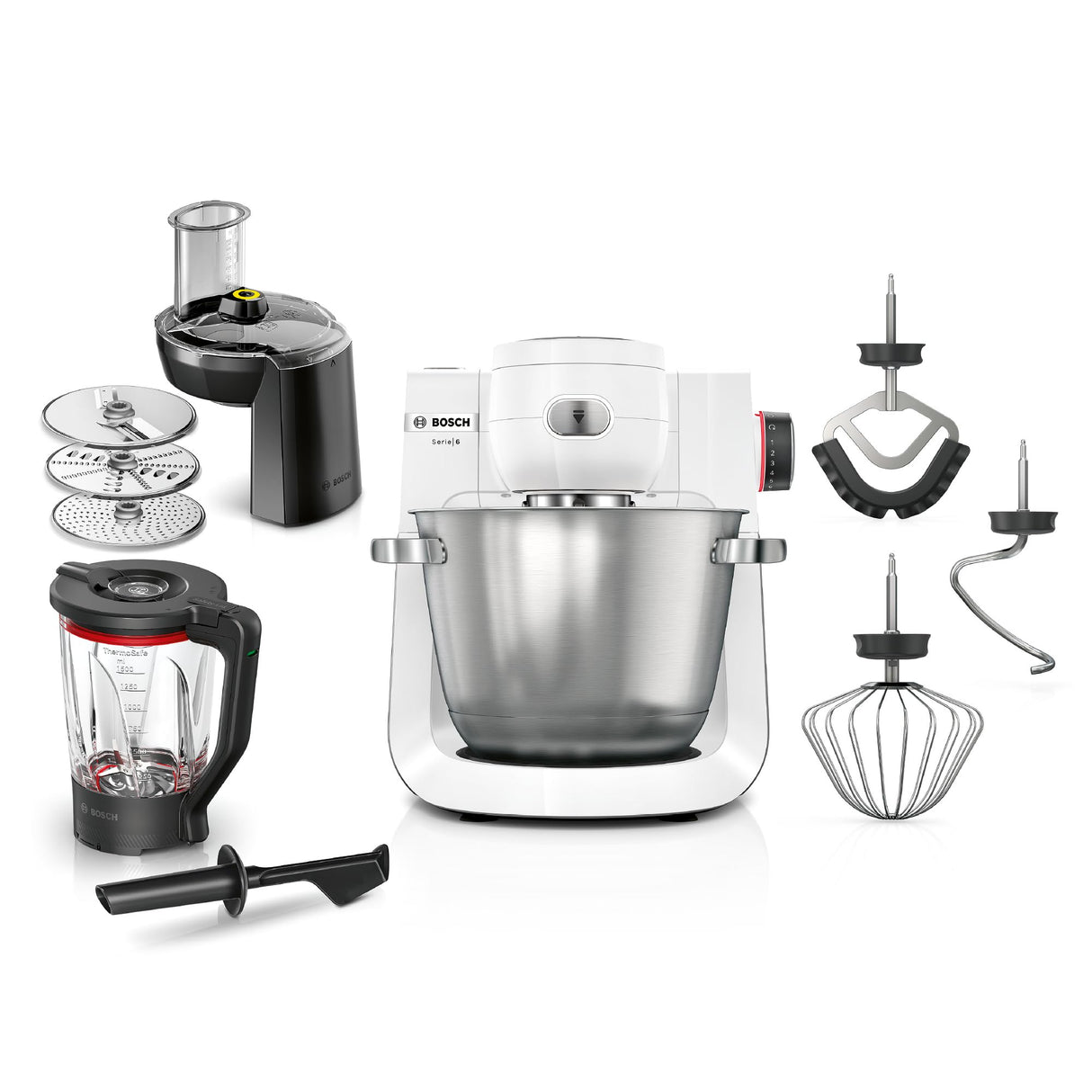 Bosch - Robot de Cocina, Serie 6, 1600W, Amasado Planetario 3D, Set de Pastelería, Triturador, Batidora de vaso ThermoSafe, Blanco, MUMS6EW22