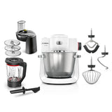 Bosch - Robot de Cocina, Serie 6, 1600W, Amasado Planetario 3D, Set de Pastelería, Triturador, Batidora de vaso ThermoSafe, Blanco, MUMS6EW22