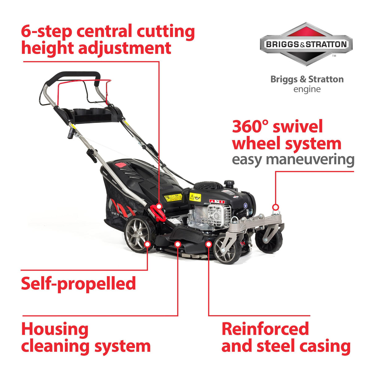 NAX POWER PRODUCTS 1000S motor Briggs & Stratton serie 450E 125 cm3 ancho de corte 42 cm cesta 45l sistema de lavado de la carcasa cortacésped a gasolina con tracción