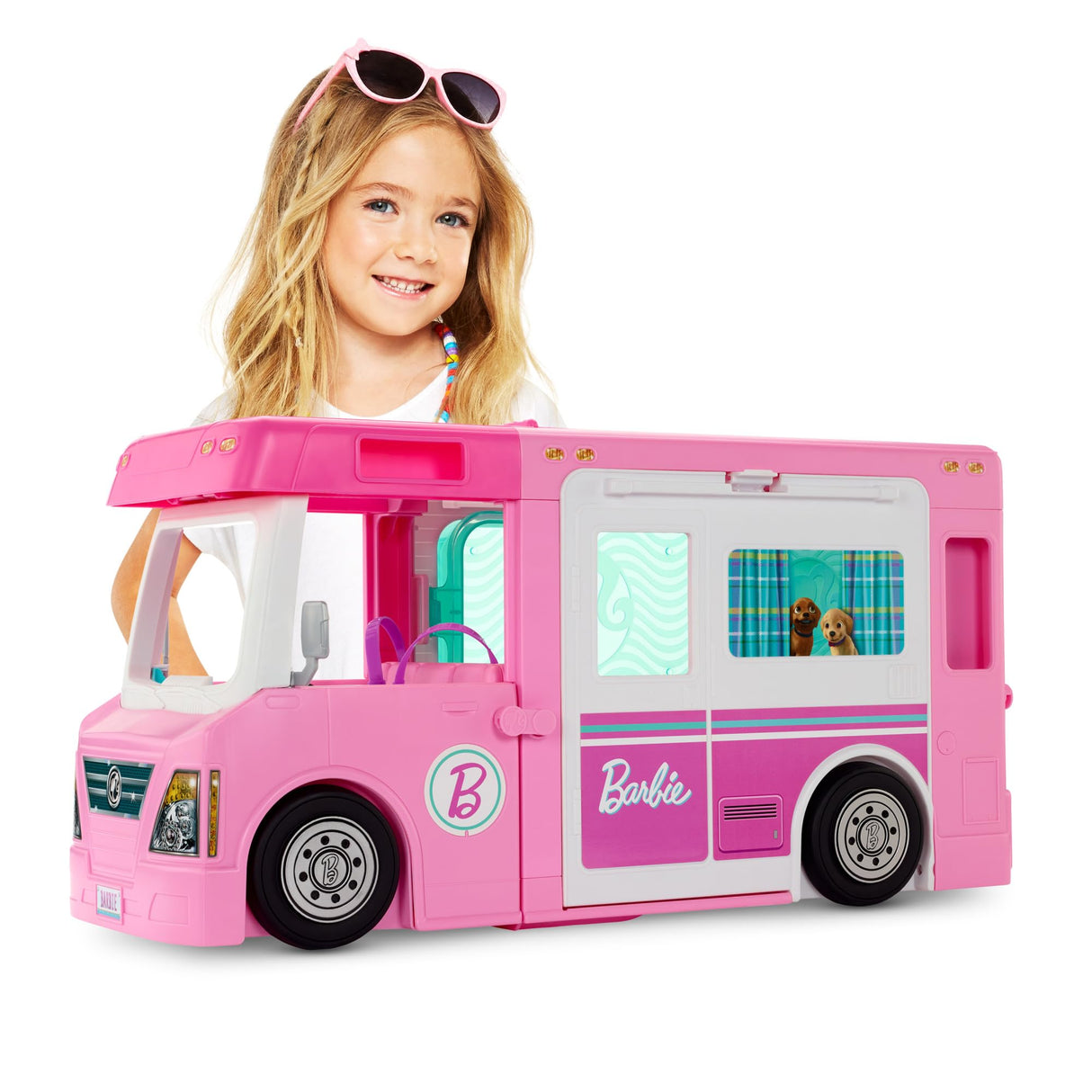 Barbie Caravana DreamCamper 3 en 1, Aprox. 1m; Autocaravana transformable con Piscina, camioneta, Barca y 50 Accesorios; para niñas y niños + 3 años, GHL93