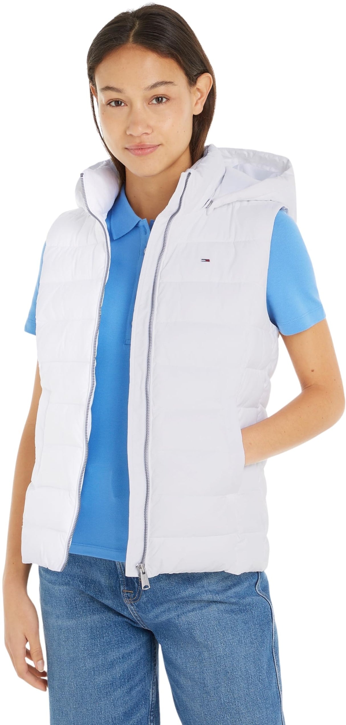 Tommy Jeans Chaleco Mujer Basic Hooded Vest con Capucha, Blanco (White), L