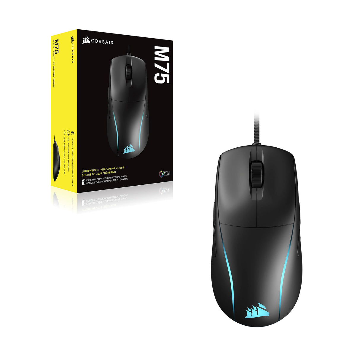 Corsair M75 Ratón para Juegos FPS Ligero RGB con Cable – 26.000 PPP – Botones Laterales Intercambiables – PC – Negro
