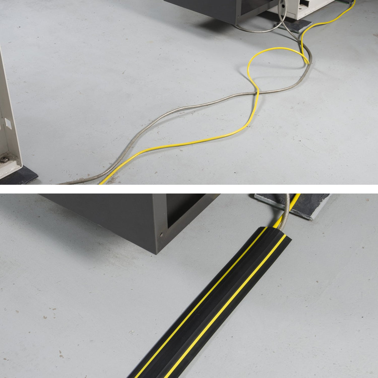 D-Line FC83B/9M, Canaleta de suelo para cables, Pasacables para suelo, Oculta cables y previene accidentes - Cavidad para cables = 30mm (anch.) x 10mm (alt.) - 9-metro longitud - Negro y Amarillo