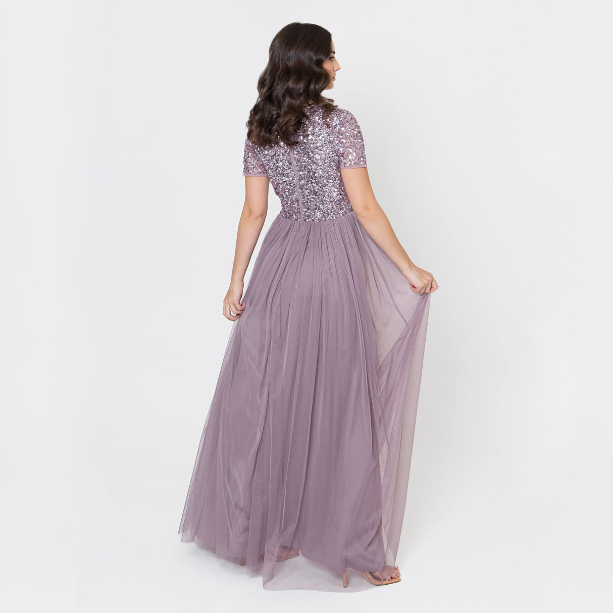 Maya Deluxe Women's V Neckline Embellished V Neck Maxi Dress Short Sleeve Empire Waist Prom Graduation Bridesmaid Wedding Guest Vestido de Dama de Honor, Moody Lilac, 28 para Mujer