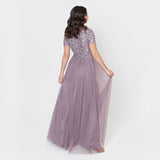Maya Deluxe Women's V Neckline Embellished V Neck Maxi Dress Short Sleeve Empire Waist Prom Graduation Bridesmaid Wedding Guest Vestido de Dama de Honor, Moody Lilac, 28 para Mujer