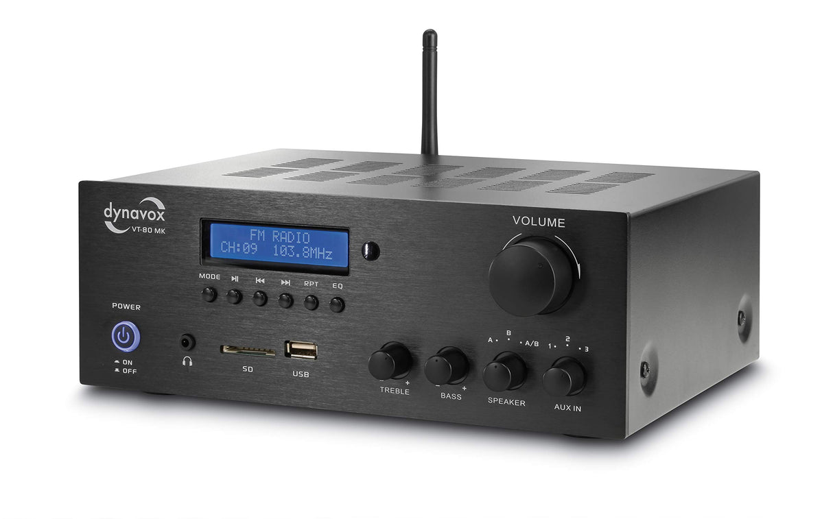 Dynavox VT-80 MK Amplificador estéreo Compacto, 4 terminales de Altavoz atornillables, Control Remoto para entradas Digitales (USB, Tarjeta SD), Antena BT integrada y Radio FM, Negro