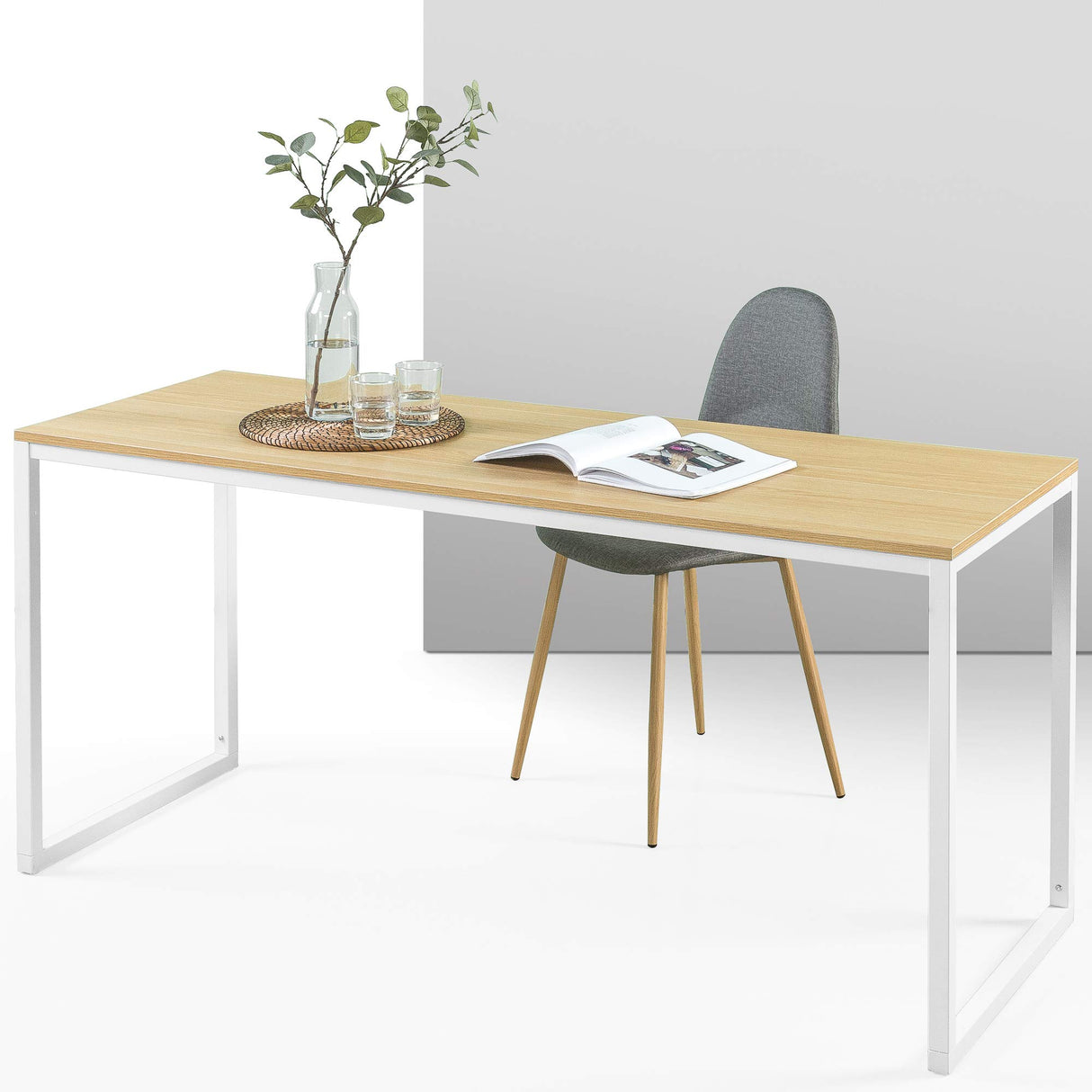 Zinus Jennifer Mesa de escritorio 160x61x74 cm - Mesa de estudio moderna de metal y madera - Mesa de ordenador - Marrón y blanco