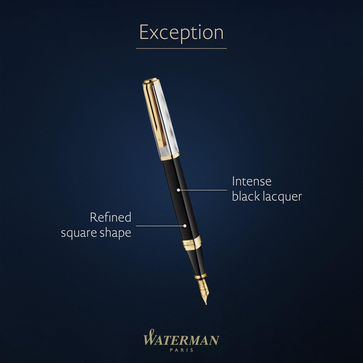 Pluma estilográfica Waterman Exception, en metal y lacado negro con adorno dorado, capuchón cincelado, plumín fino de oro de 18 quilates