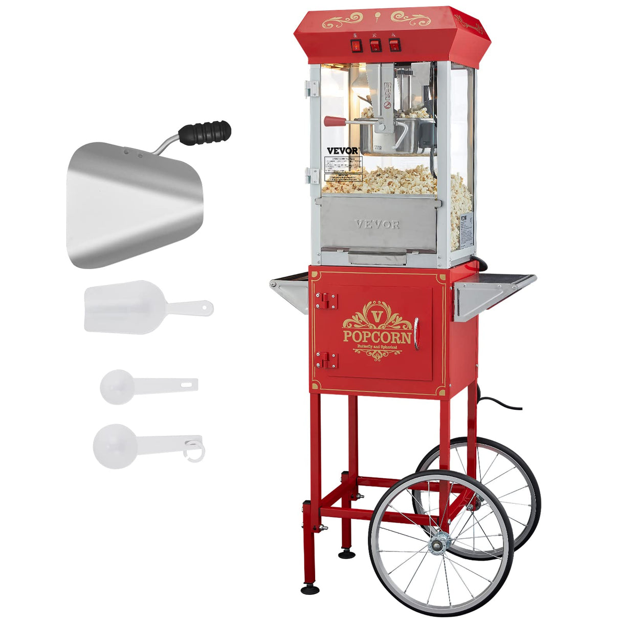 VEVOR Máquina para Hacer Palomitas de Maíz con Carrito, 850 W, Hervidor de 8 oz Que Prepara 48 Tazas por Tanda, con Vidrio Templado, Incluye 4 Palas, Estilo Cine, Color Rojo, 610 x 410 x 1395 mm