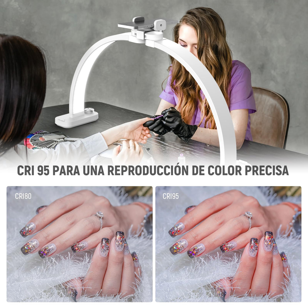 NEEWER BÁSICO HM01-D - Lámpara de arco (29 pulgadas, LED, 40 W, media luna, 3000 K-6500 K, 3400 Lux/0,5 m, CRI95, carga USB, soporte para teléfono para manicura, maquillaje, belleza, tatuaje