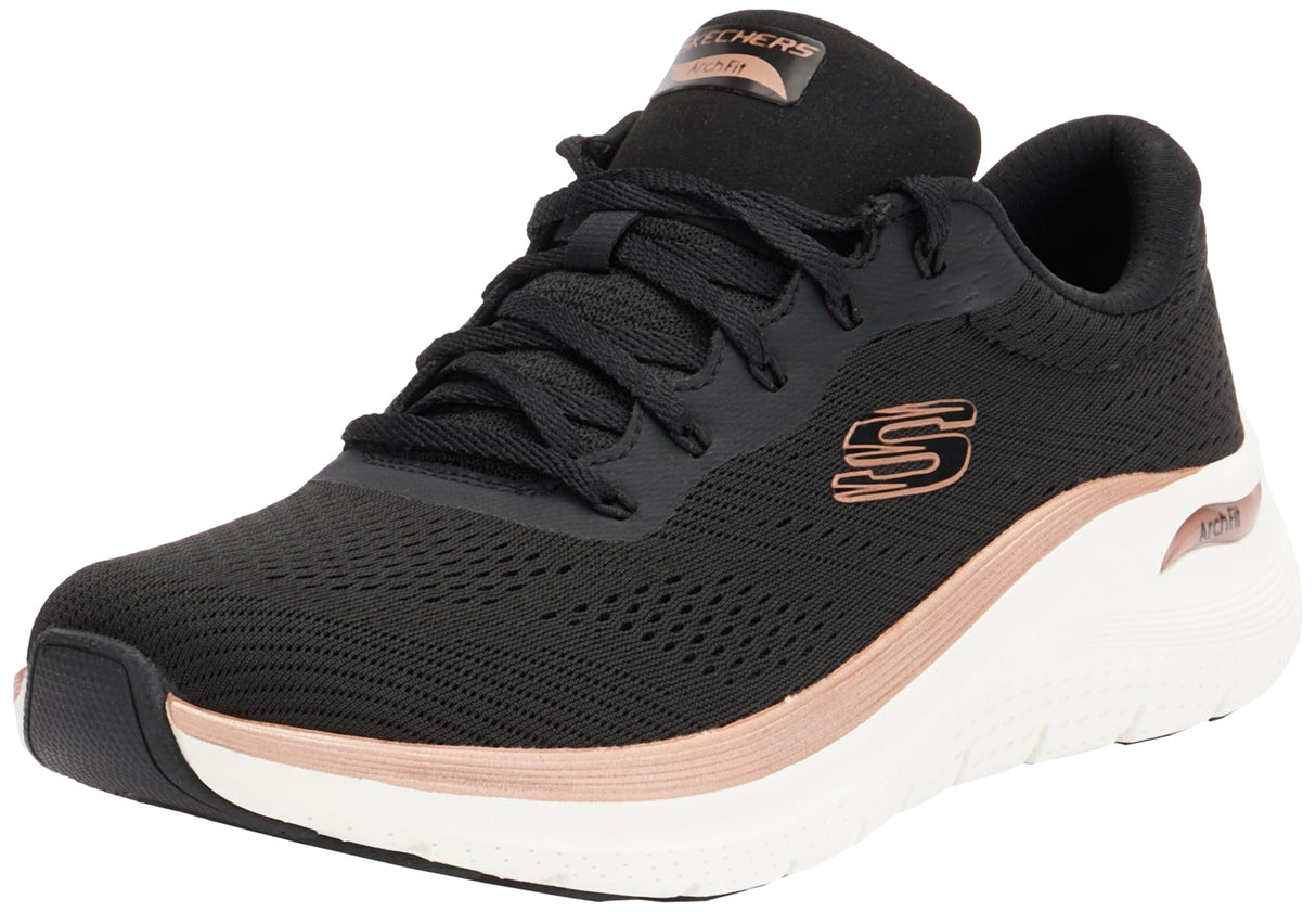 Skechers Arch Fit 2.0 Glow The Distance, Zapatillas Mujer, Black Mesh/Rose Gold Trim, 38.5 EU
