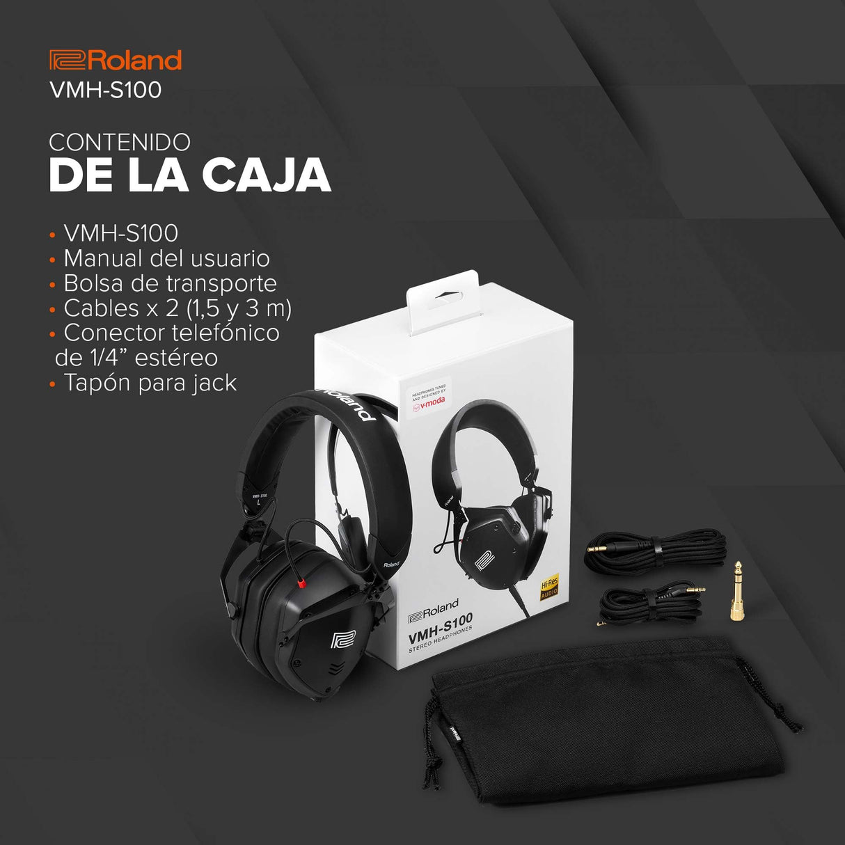 Roland VMH-S100 | Auriculares circumaurales para producción musical en alta resolución | Amplia respuesta en frecuencias | Increíble aislamiento sonoro | Transductor de 50 mm | Cómodos y resistentes