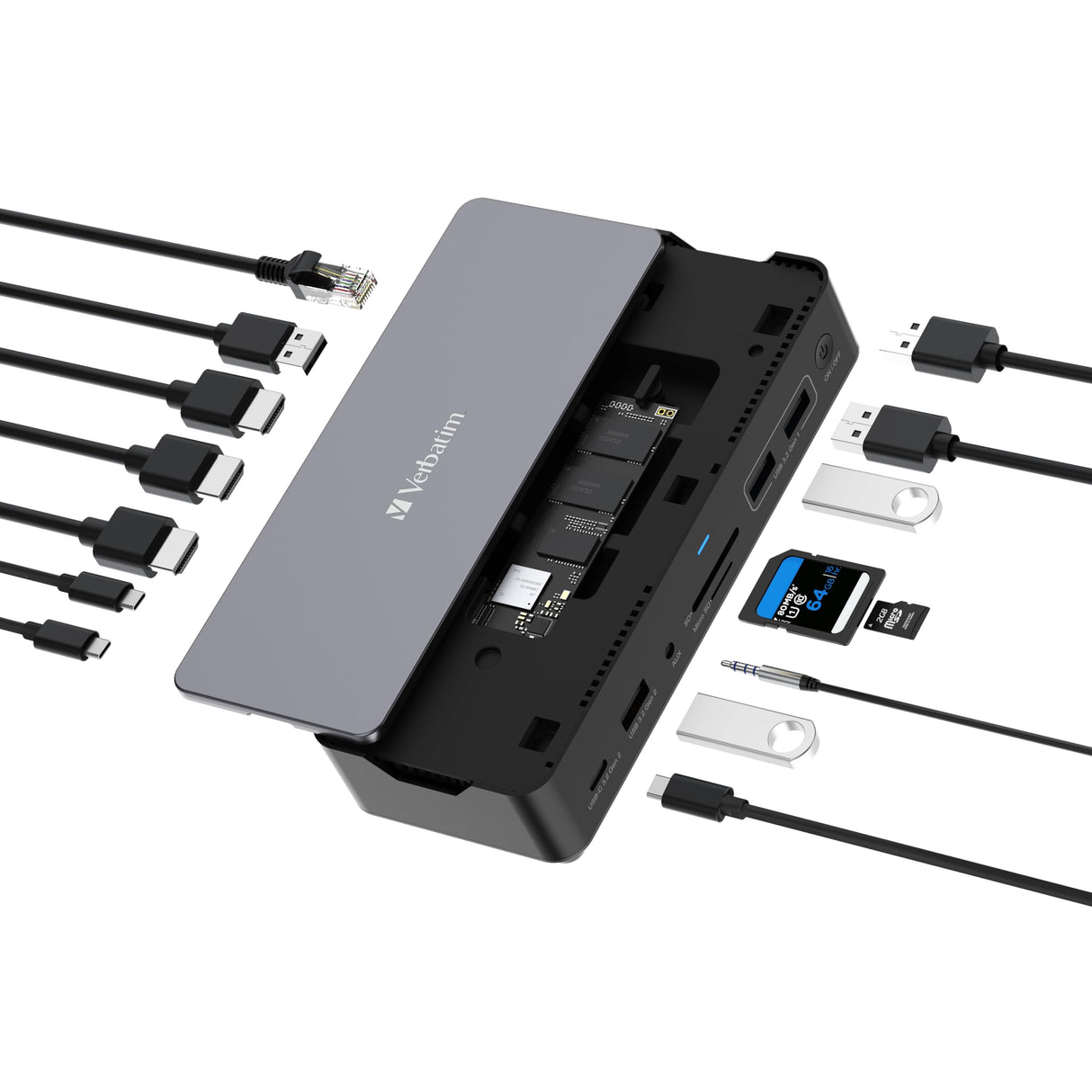 Verbatim USB-C Pro Docking Station Hub 15 en 1 con SSD Integrado, Adaptador multipuerto a HDMI 4K y 8K, USB-A y USB-C, PD 80 W, AUX, Lector de Tarjetas para Mac/Windows Laptop y Co