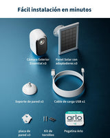 Arlo Essential 3 HD + 3 Paneles solares, cámara WiFi Exterior, batería de 6 Meses, visión Nocturna, Audio bidireccional, 3 cámaras Blancas