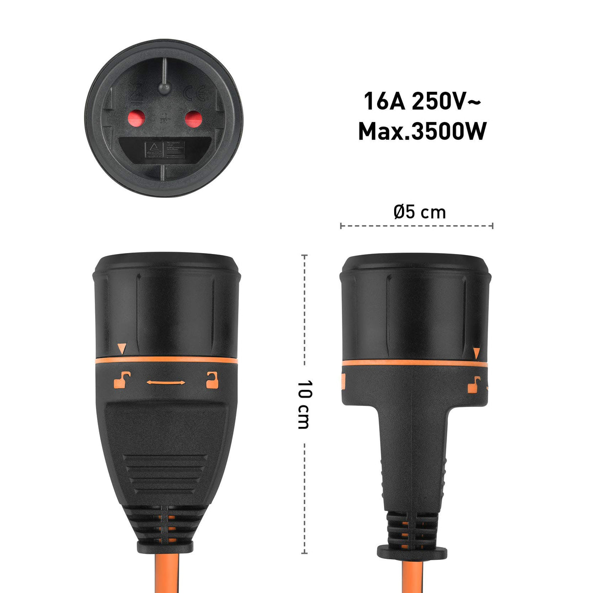 Electraline 49248 Alargador con Enrollacables 40 m, Sistema Antidesconexión Electralock, 2 x 1,5 mm², Negro y Naranja