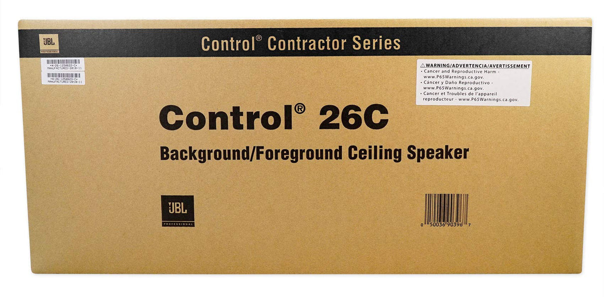 JBL Professional Control 26C 2-Way, 6.5” Round In-Ceiling Speaker with Metal Back-Can. 16 Ohm, 150 Watt. Sold as Pair. White, Paintable Grille.
