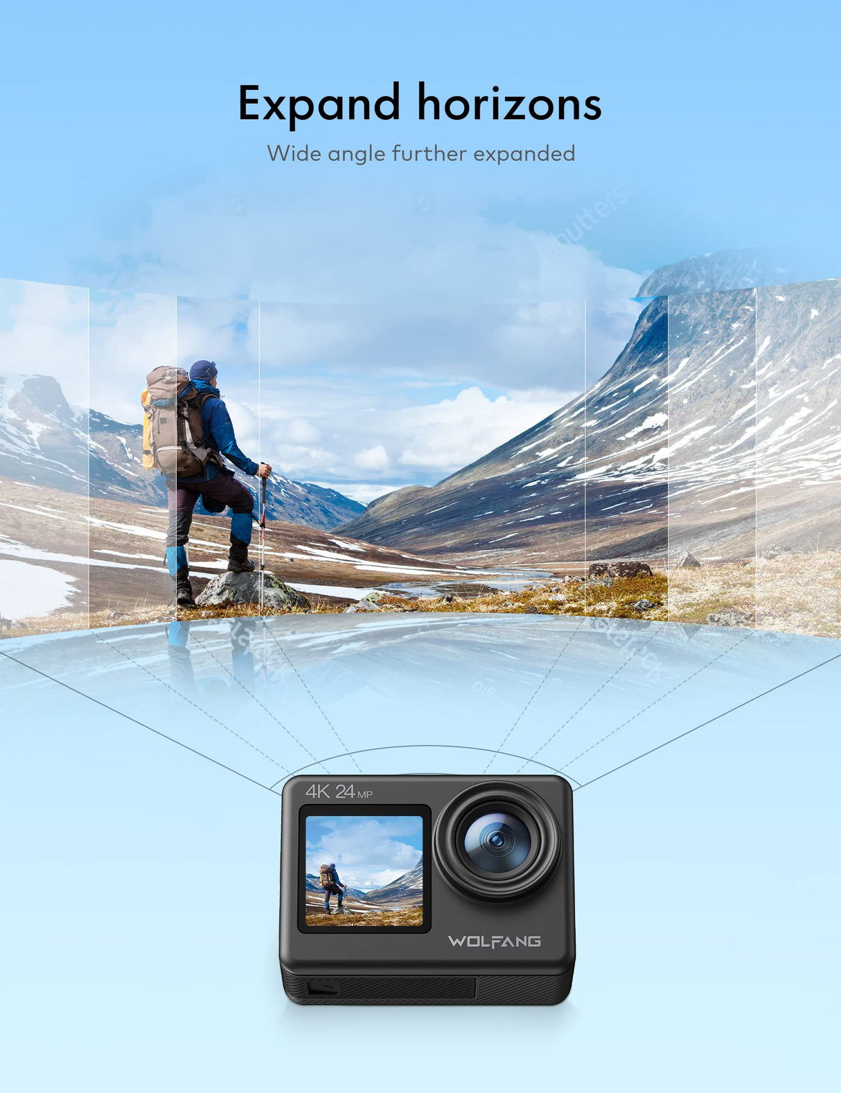 WOLFANG Cámara Deportiva GA200 4K 24MP Doble Pantalla WiFi Cámara de Video, Cámara Acuática Sumergible de 40M, 170° Gran Angular, Control Remoto EIS Mejorado, 2 Baterías, Cargador, Multi Accesorios