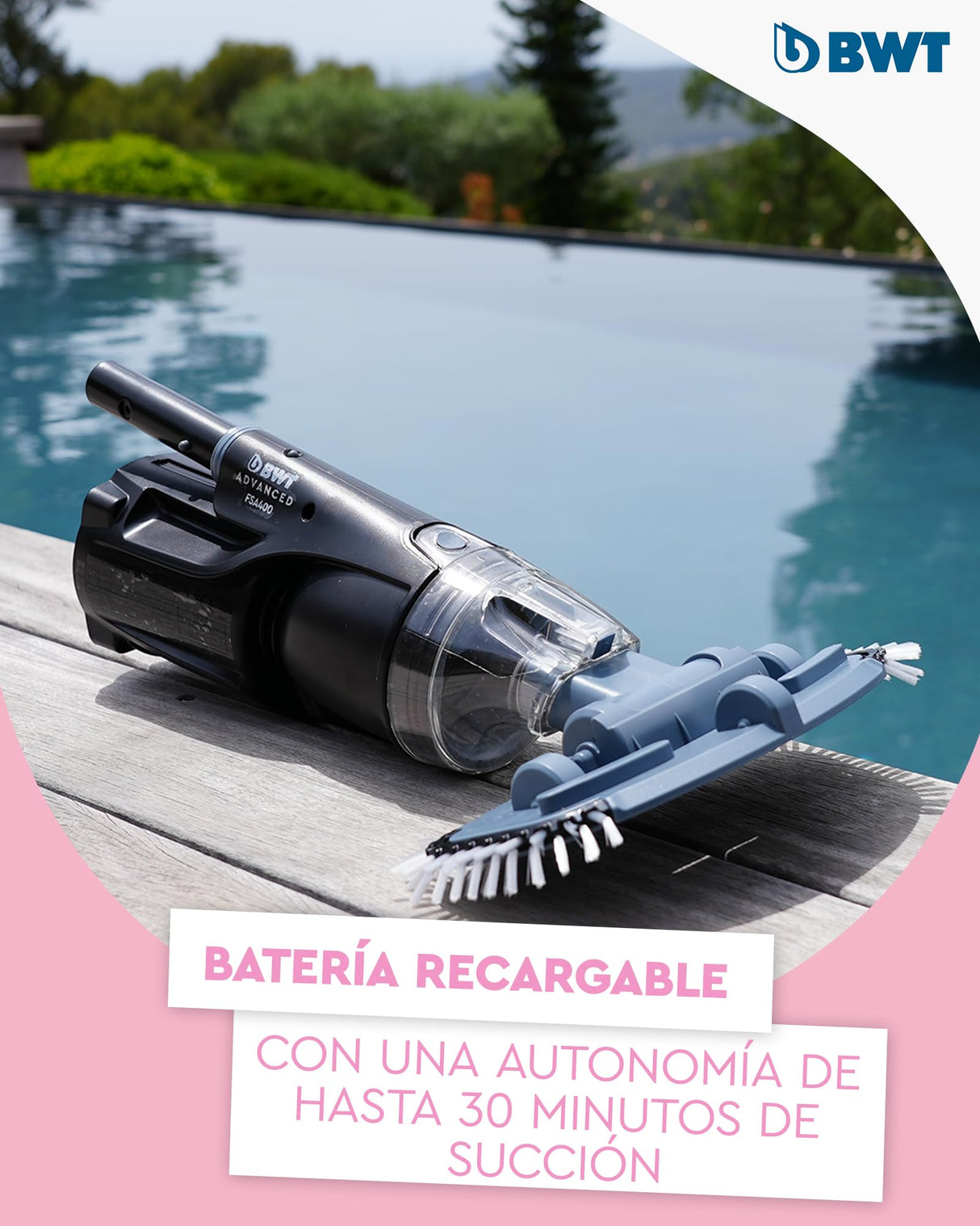 Aspirador Piscina bateria FSA400 BWT inalámbrico Potente | sin Barra telescópica | limpiafondos Recargable ergonómico Ligero para Jacuzzi y SPA | aspiradora portátil eficiente con Filtro extraíble
