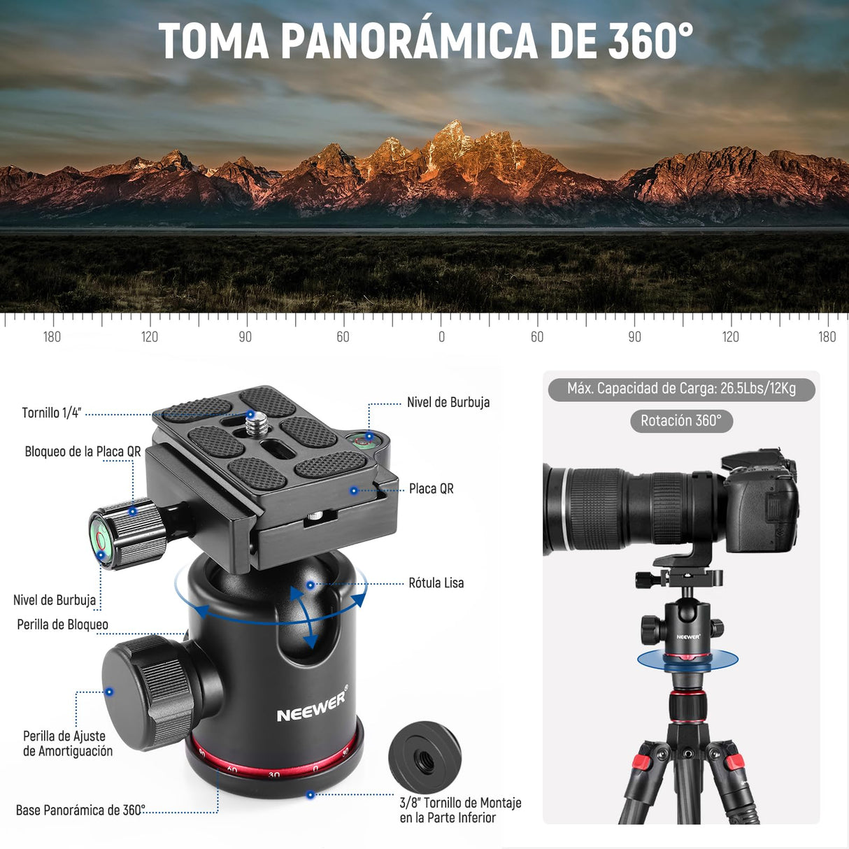NEEWER 66"/168cm Trípode de Fibra Carbono para Cámara Cabeza de Bola Panorámica 360°,Placa Arca QR 1/4",Bolsa Portátil,Monopié Trípode Viaje Compacto Videocámara DSLR,Carga Máxima 26.5lb/12kg,N55C