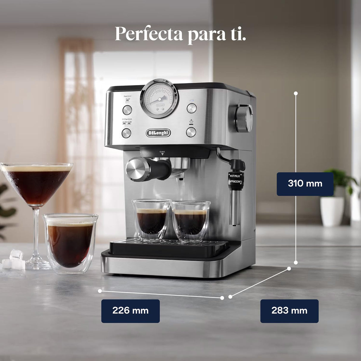 De'Longhi Classic EM450.M, Máquina Café Manual con Varilla Vapor, Máquina Espresso con Bomba Barista, Boquilla para Capuchino, Filtro Doble Pared, 15bar, Taza Hasta 13cm, Acero Inoxidable/Metal