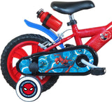 A.T.L.A.S. Bicicleta de 12 Pulgadas Equipada con 2 Frenos, Placa Frontal Decorativa, Guardabarros, cárter, estabilizadores y Casco Spiderman Incluido Delantera, Niños, Rojo idéntico a Las Fotos, 12''
