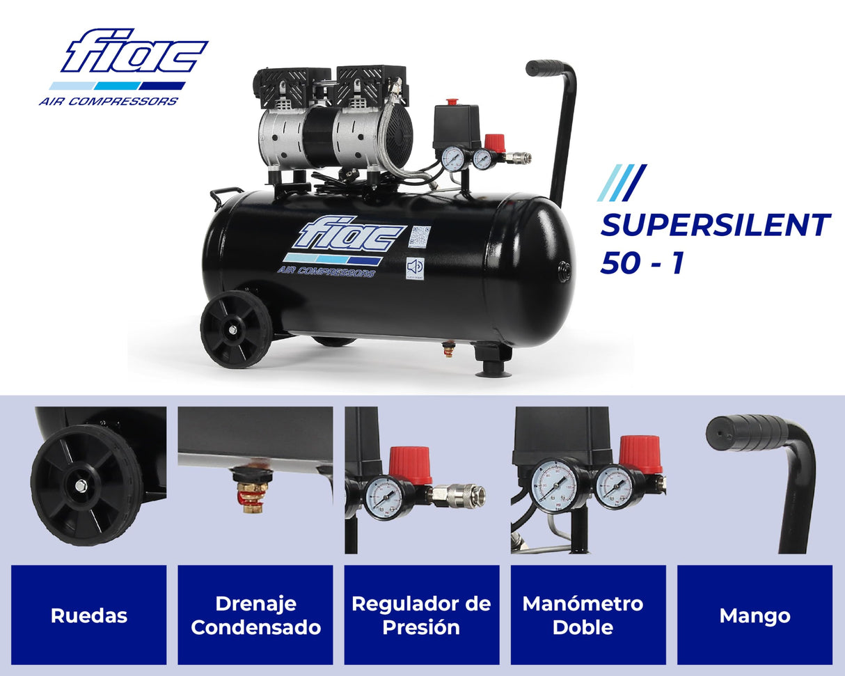 FIAC Compresor de Aire Móvil Silencioso SUPERSILENT 50, Sin Aceite, Presión Máxima 8 Bar, 1 Hp, Depósito 50 Litros, Nivel sonoro 58 dB LpA