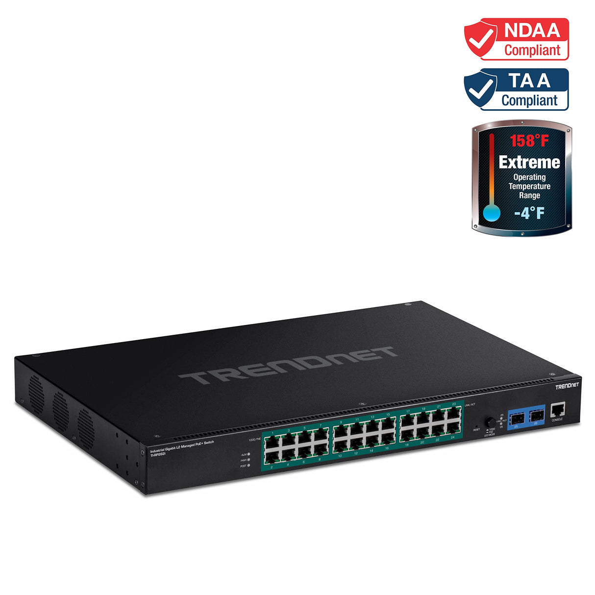 TRENDnet Interruptor DE Montaje DE RACKMOUNT PoE+ Industrial GIGABIT L2 DE 26 Puertos