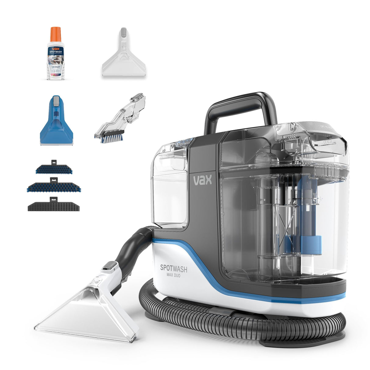 Limpiador quitamanchas Vax SpotWash Max Duo, quitamanchas para alfombras y tapicerías con tecnología SpinScrub, depósitos XL, limpieza profunda para manchas, sofás, suelos duros