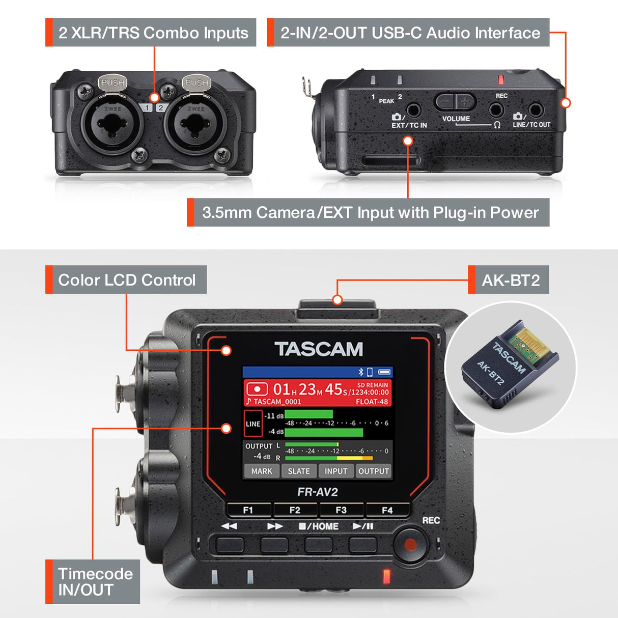 TASCAM FR-AV2 - Grabador compacto de campo flotante de 32 bits y generador de código de tiempo con mezclador