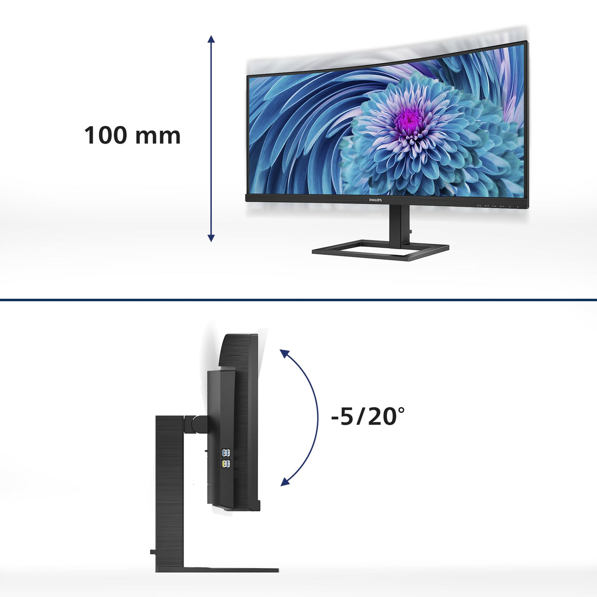 Philips Monitors 346E2CUAE/00-34" Curved 1500R, WQHD, 100Hz, 1ms, VA, Adaptive Sync (3440x1440, 300cd/m, 2xHDMI, DisplayPort 1x1.2), Negro