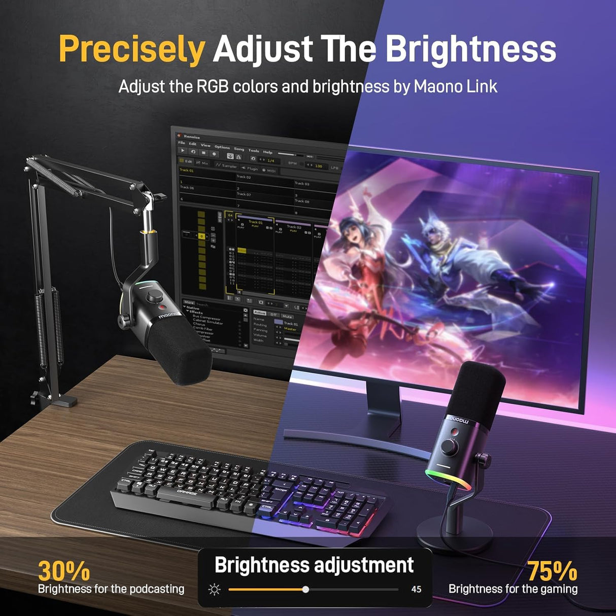 MAONO Micrófono dinámico para Juegos: micrófono dinámico USB XLR para computadora con Software-RGB para PC, Kit de micrófono para Gamer-Podcast, para Estudio de grabación de Streaming