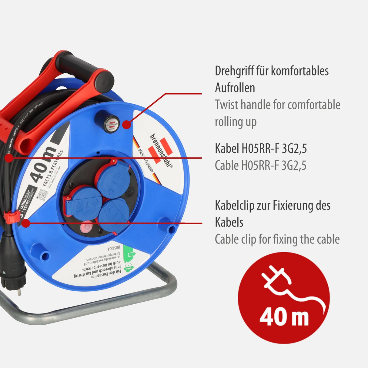 Brennenstuhl Garant enrollacables 40 m de plástico especial IP44 (uso exterior a corto plazo, Made in Germany) azul