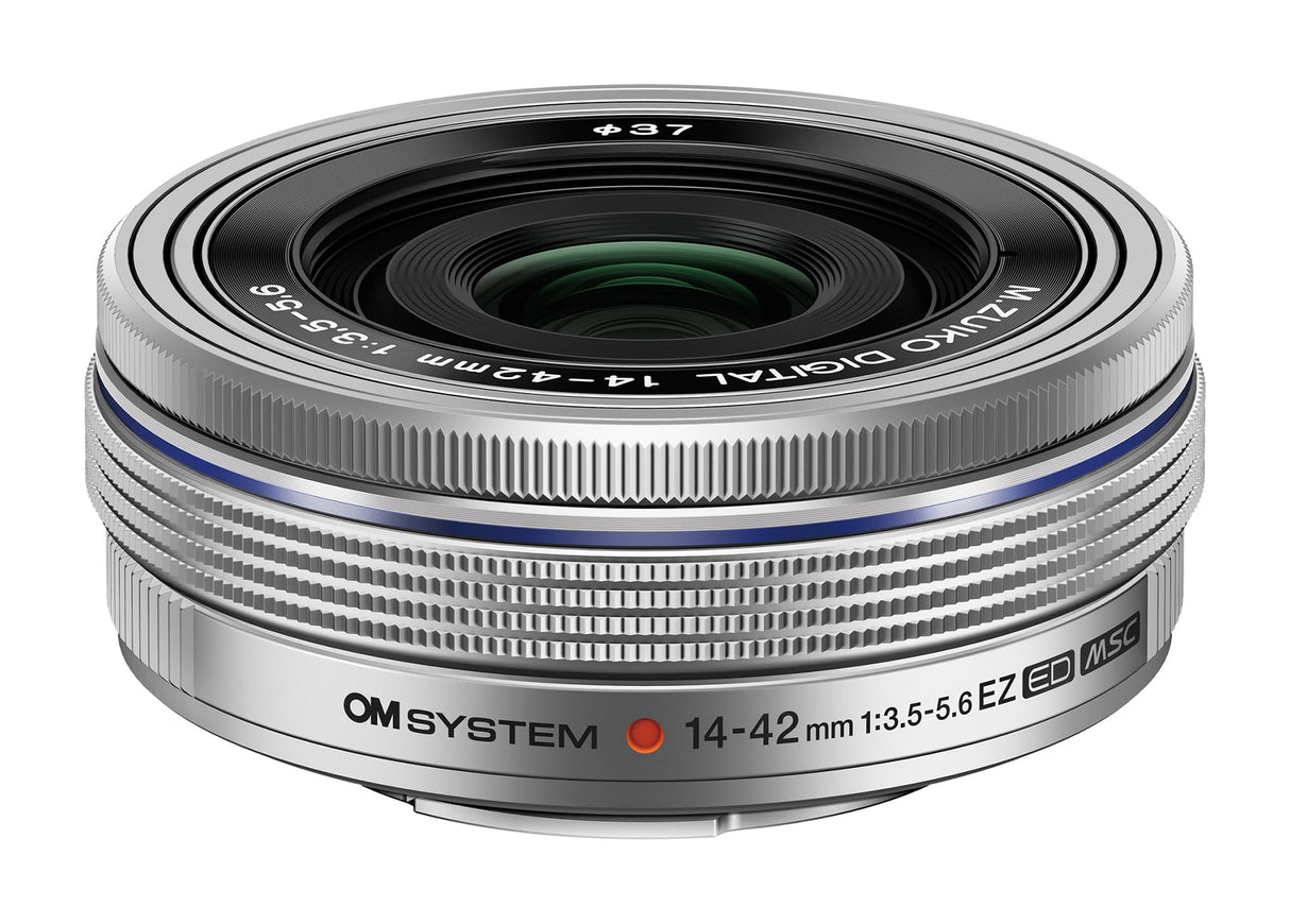OM SYSTEM Objetivo M.Zuiko Digital 14-42 mm F3.5-5.6 EZ, Zoom estándar, Adecuado para Todas Las cámaras MFT (Modelos Olympus OM-D & Pen, Serie G de Panasonic), Plata
