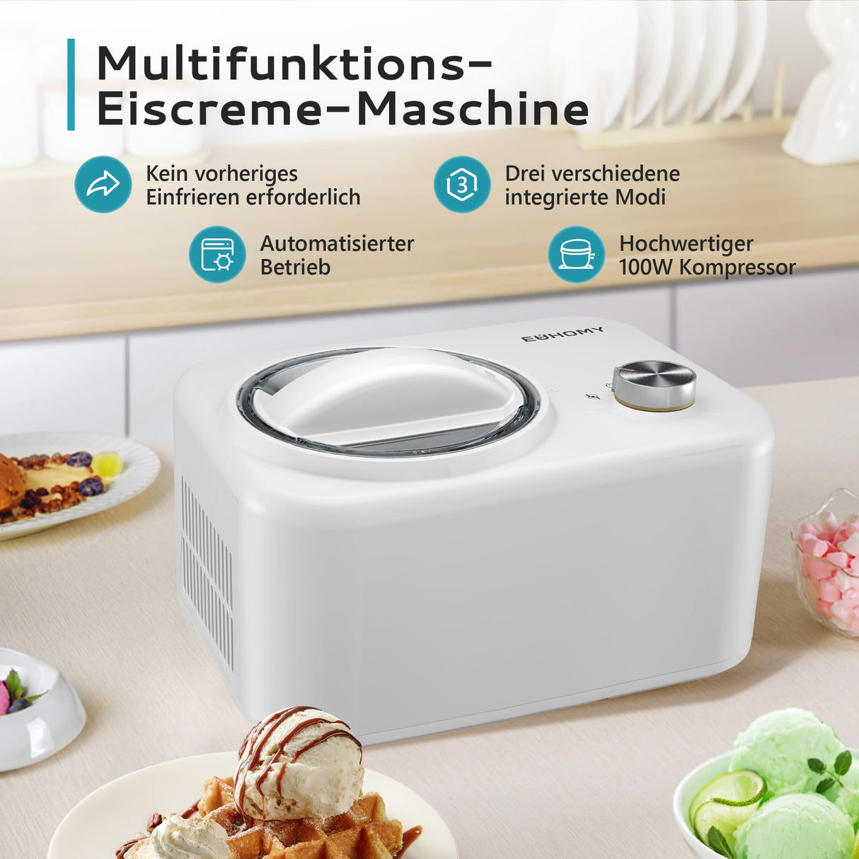 EUHOMY Máquina de helados con compresor, 0,8 L, 100 W, máquina de hielo autorefrigerante, para helados, batidos, yogur congelado, batidos de leche, con cuenco y plantillas de recetas
