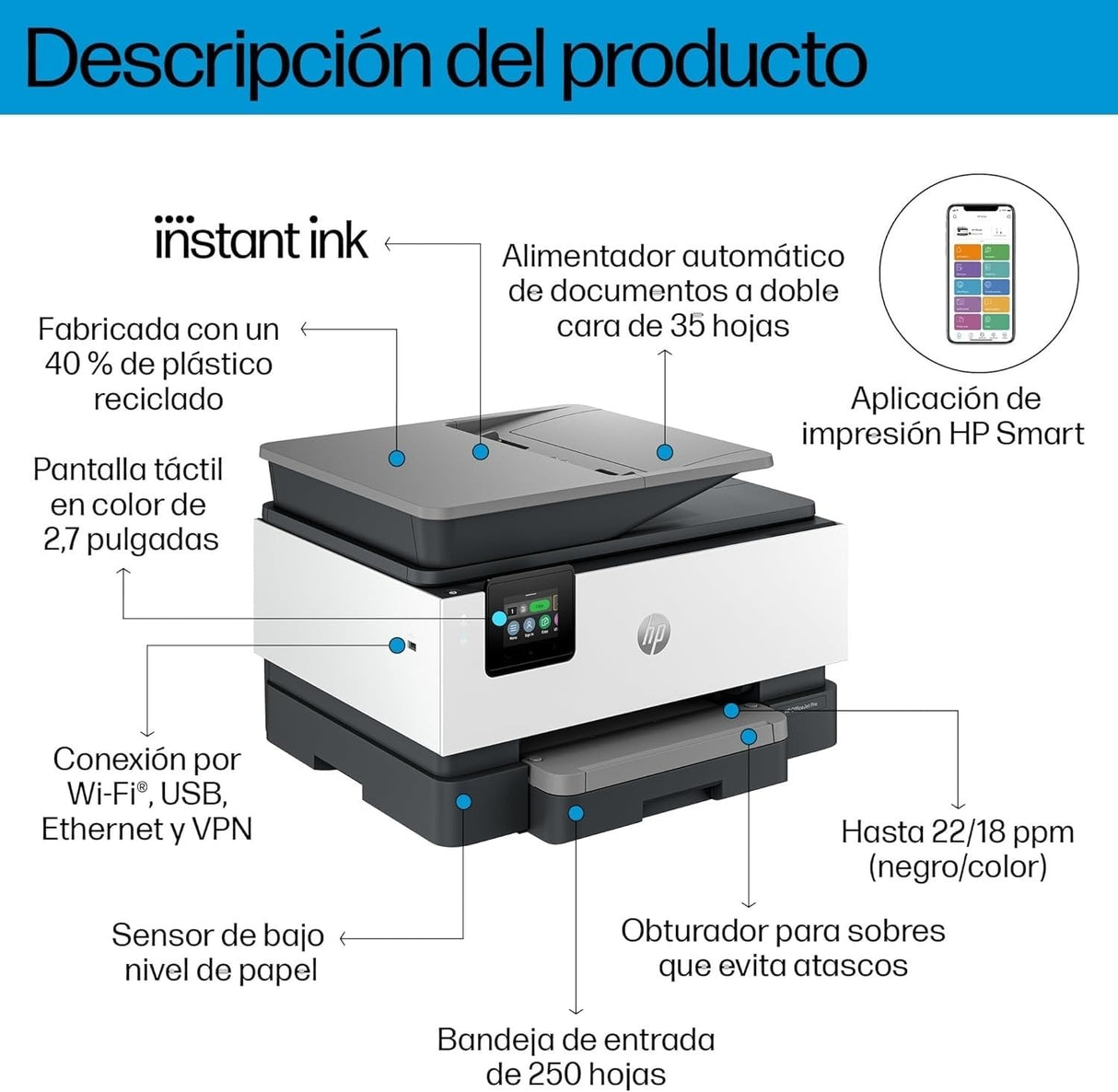HP OfficeJet Pro 9120e, Impresora multifunción profesional de inyección de tinta A4 a color, copia, escáner, fax, Wi-Fi, impresión a doble cara automática, 22 ppm, 3 meses Instant Ink con HP+, Gris