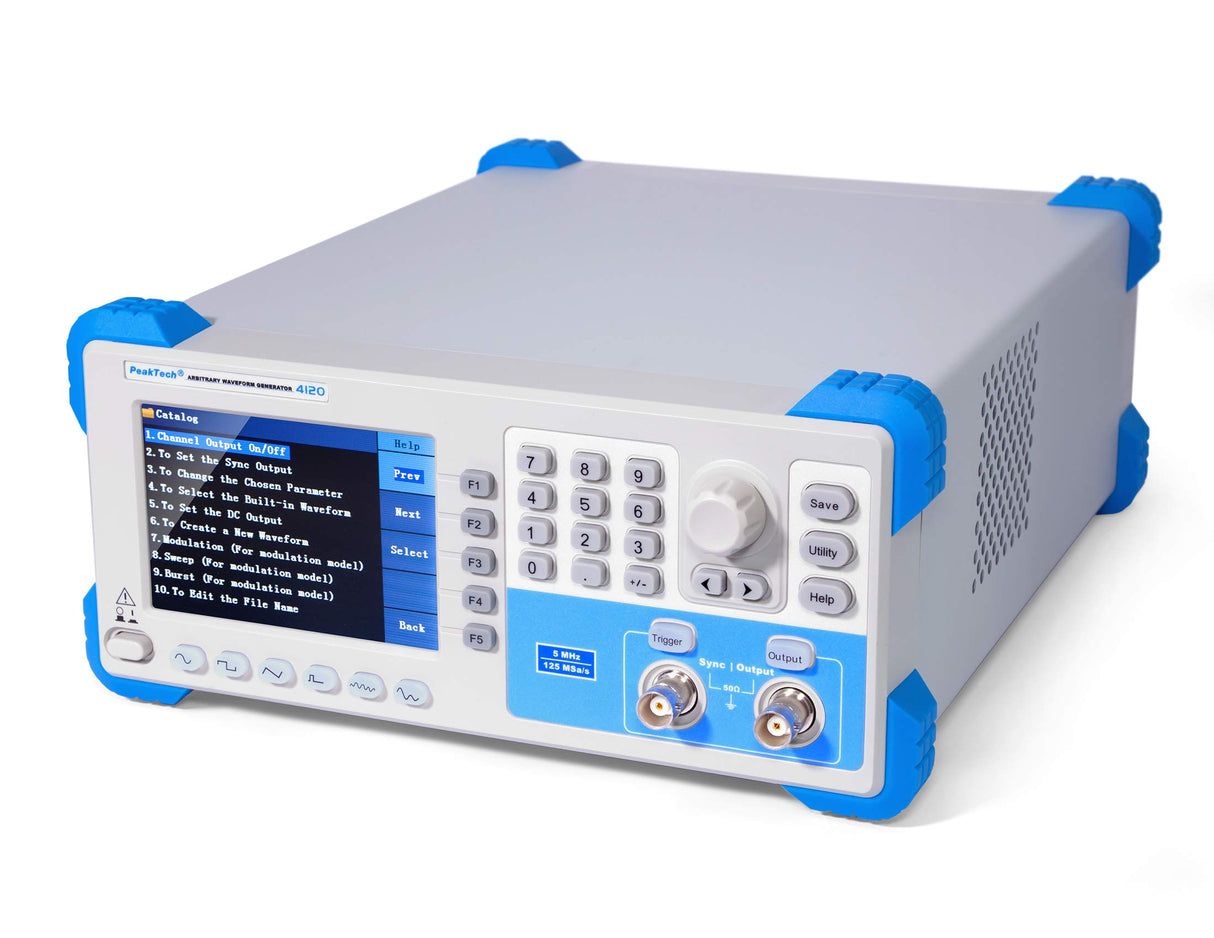 PeakTech, Generador de funciones arbitrarias Peaktech P 4120 1CH, 1 µhz, 5 Mhz, 6 formas de onda estándar, mando a distancia y software para edición de formas de onda, frecuencia de 125 MS/S