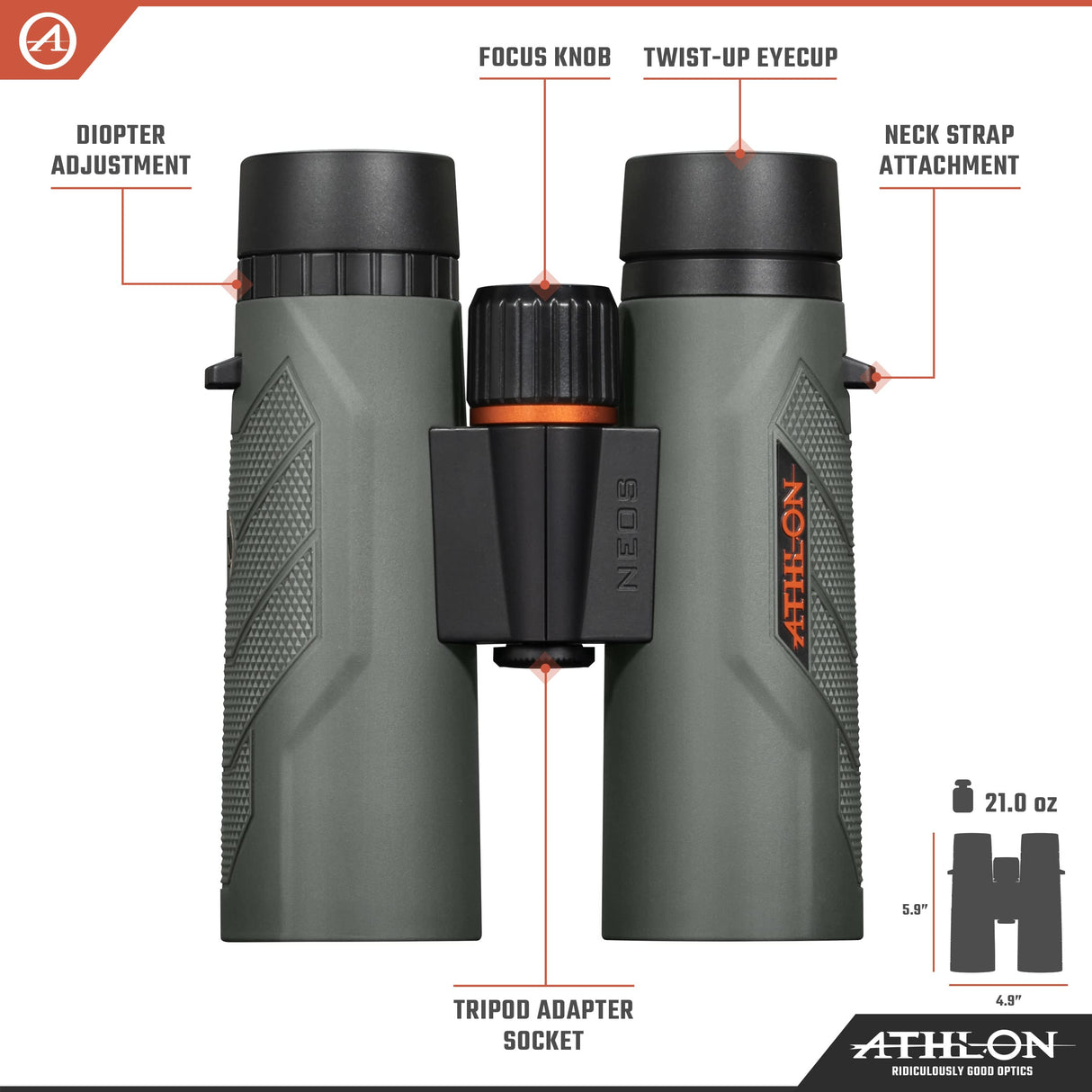 Athlon Optics Prismáticos Neos G2 HD de 10 x 42 Pulgadas con Alivio Ocular para Adultos y niños, prismáticos de Alta Potencia para Caza, observación de Aves y más, Color Negro