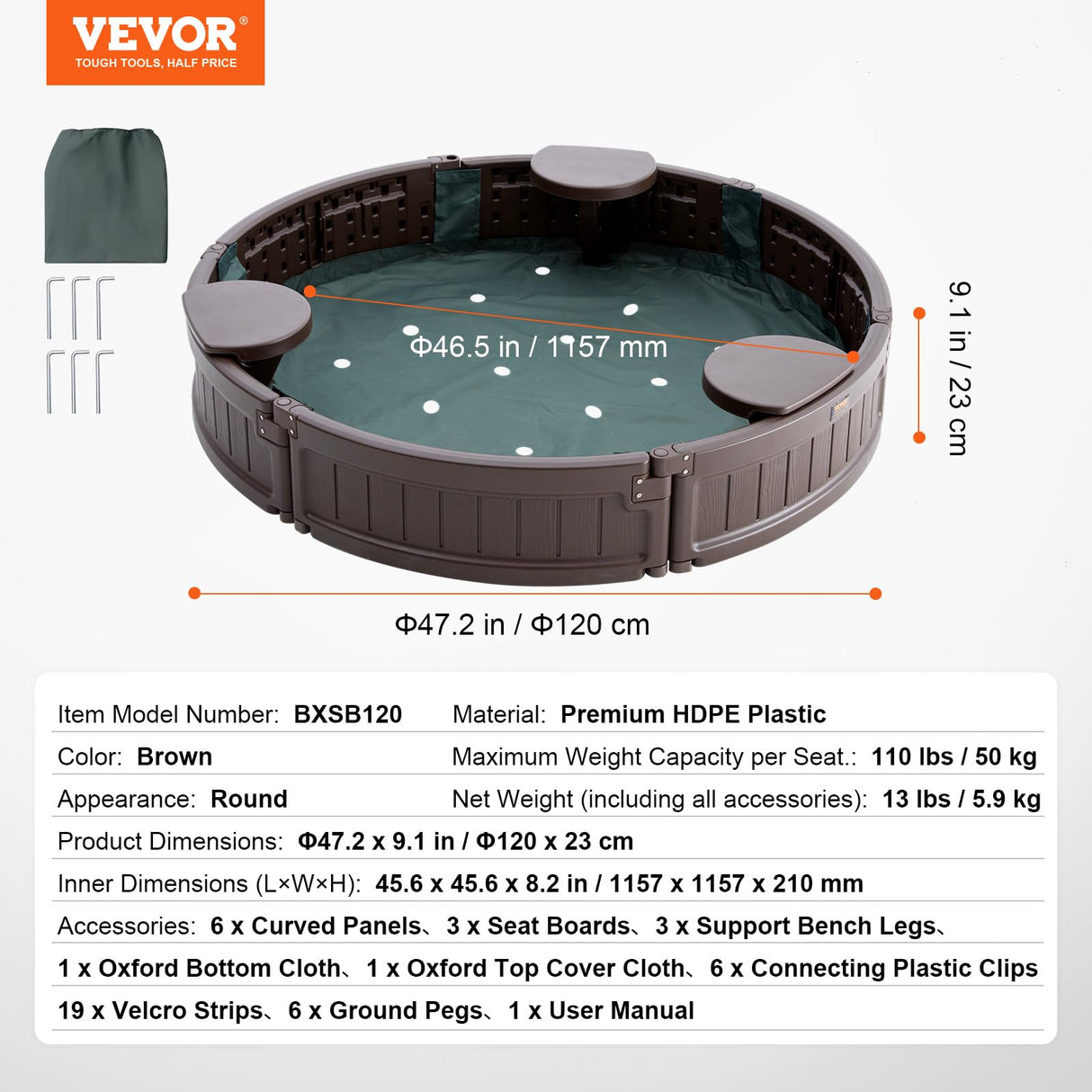 VEVOR Caja de Arena con Tapa Areno de HDPE Redondo de 120 x 23 cm con 3 Asientos en Las Esquinas y Revestimiento Inferior para Niños de 3 a 12 Años para Patio al Aire Libre, Playa, Parque, Marrón
